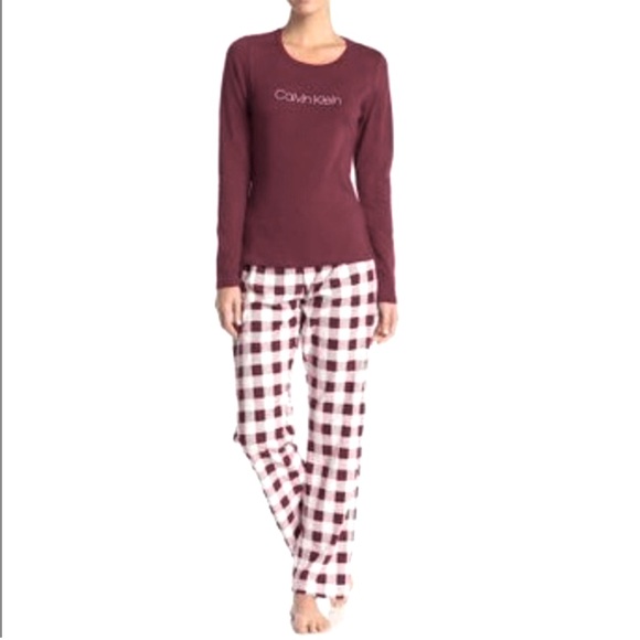 Calvin Klein Maroon Top and Checkered Pajama Set - Picture 1 of 3